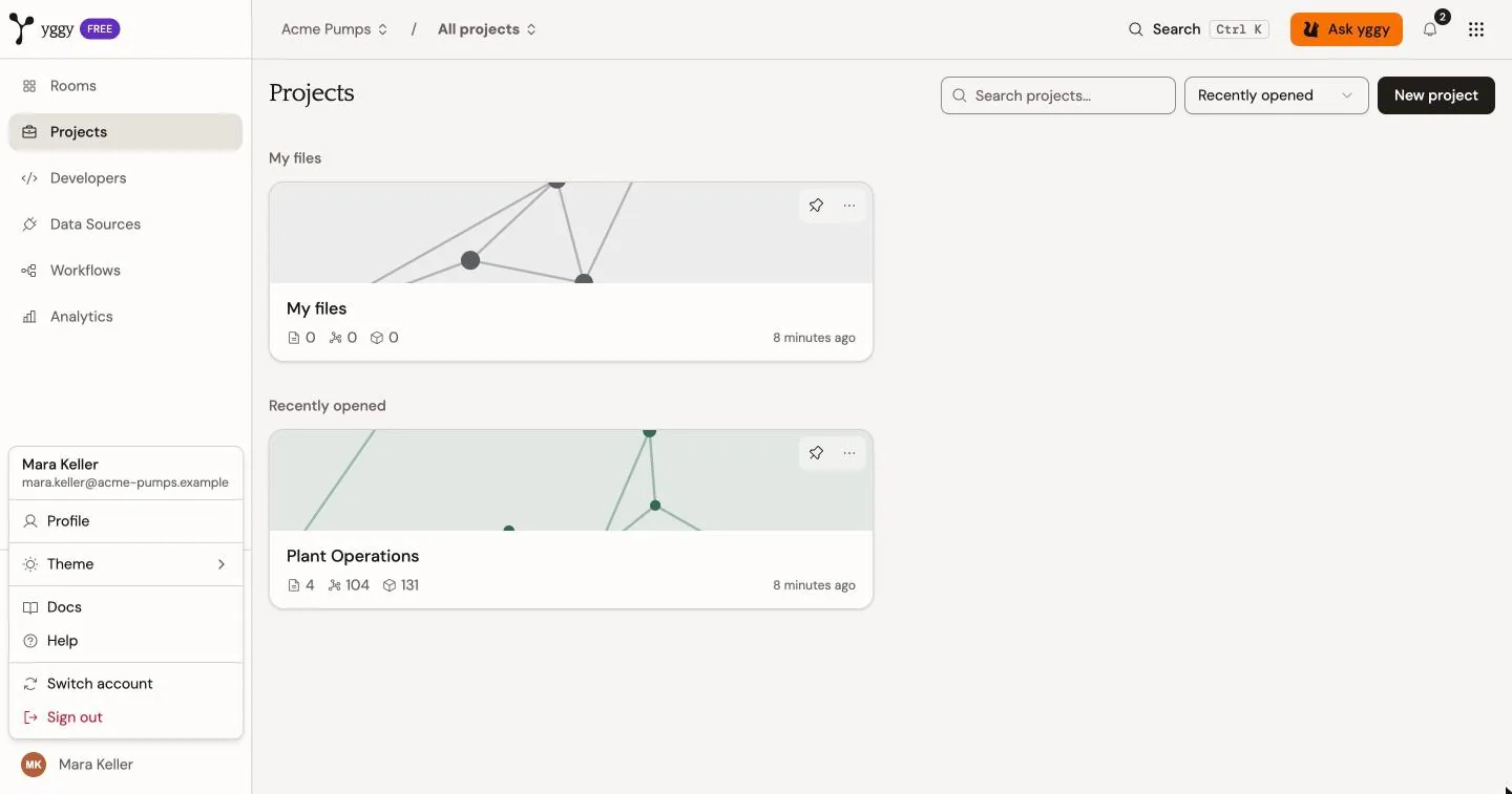 The account menu from your name in the sidebar: Profile, Theme, Docs, Help, Switch account, and Sign out.