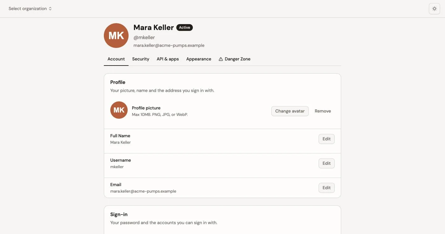 Account settings with Account, Security, API & apps, Appearance, and Danger Zone.