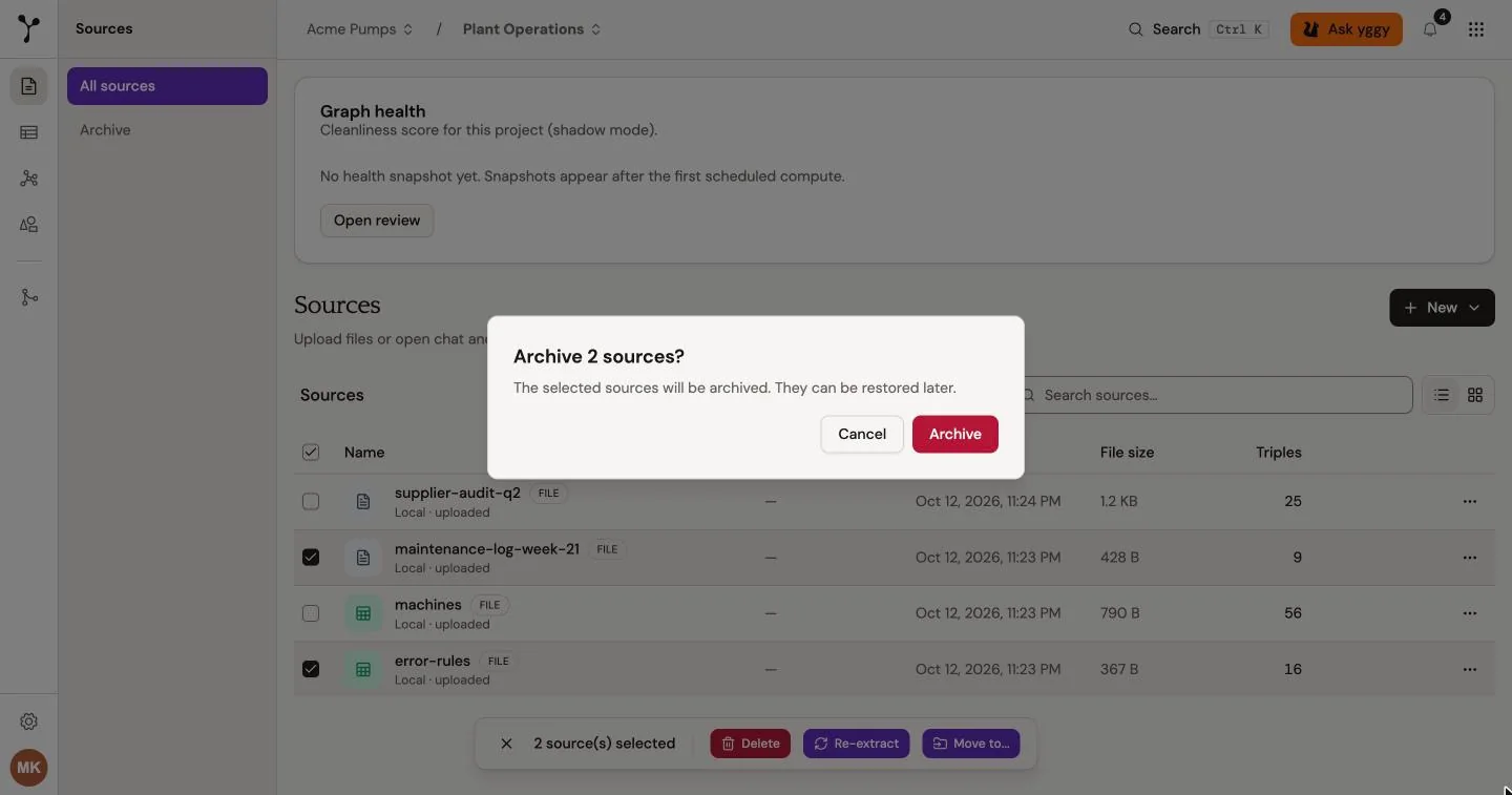 The Archive 2 sources? dialog with Cancel and Archive.