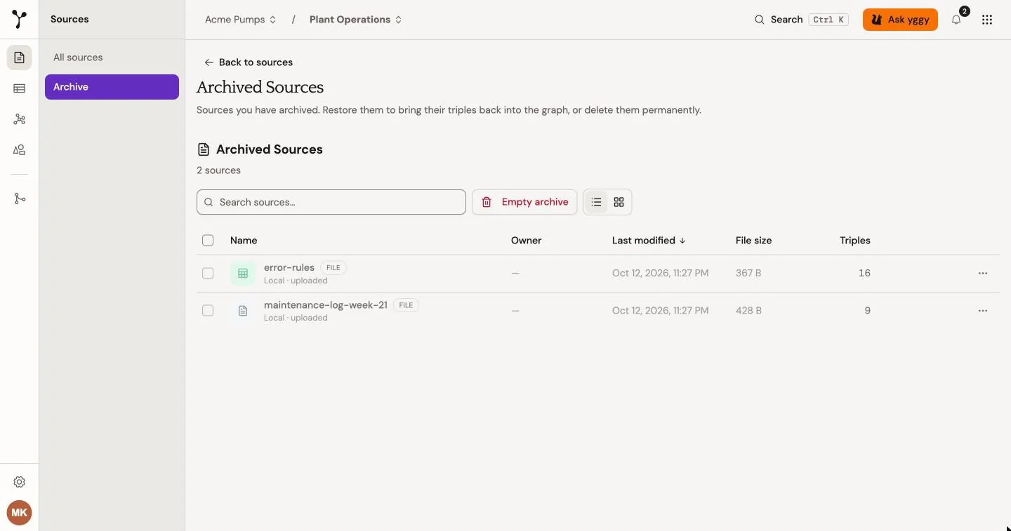 Archived Sources with two archived files, search, and Empty archive.