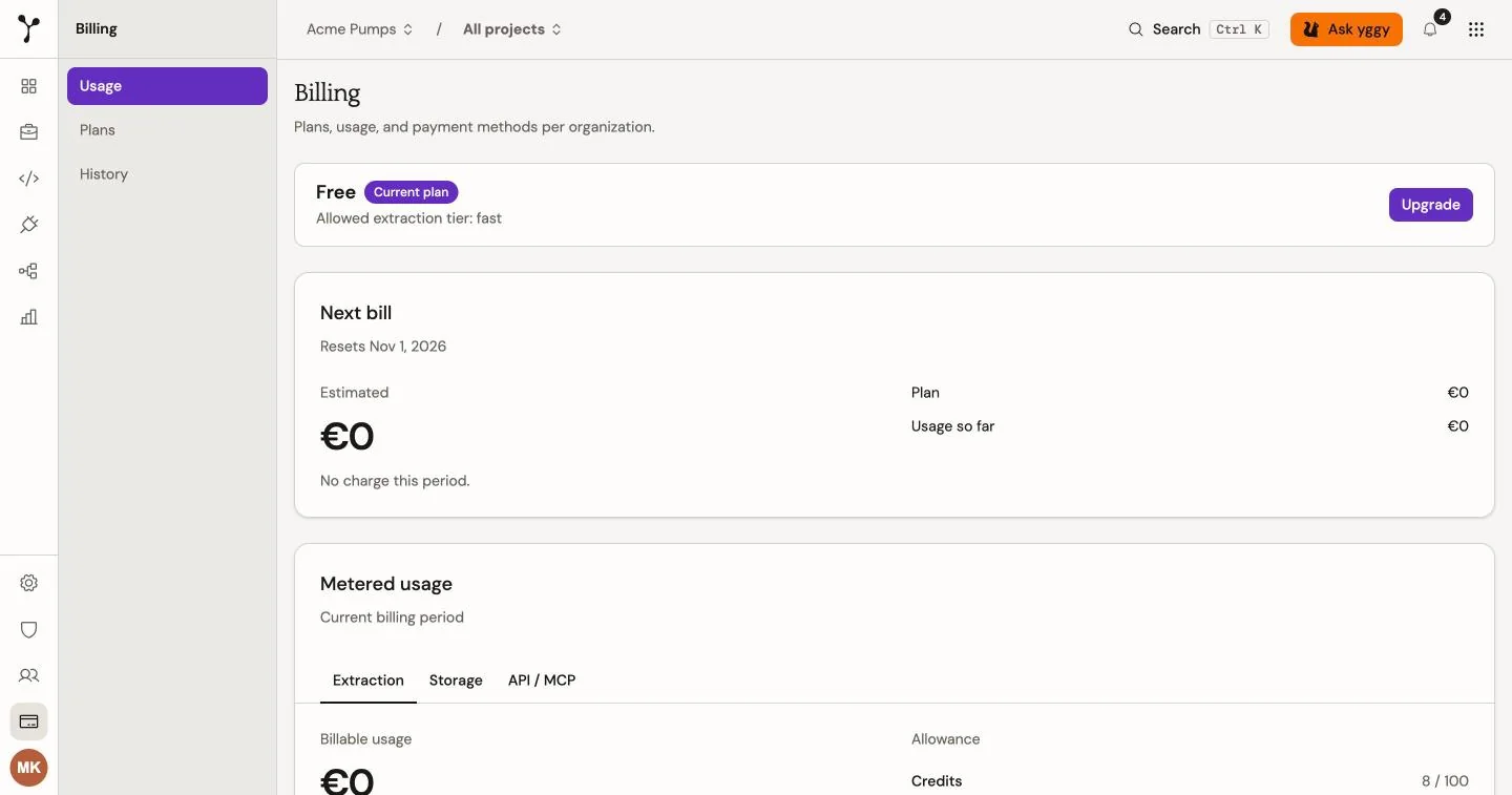 Billing → Usage with the Free plan card, Next bill, and Metered usage. Plans and History are in the side menu.