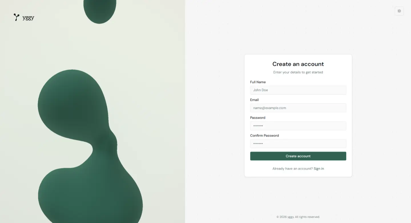 The Create an account form with name, email, password, and Create account.