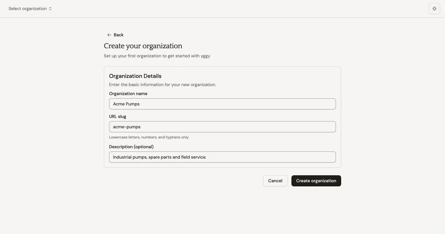 The Create organization form with name, slug, and description.
