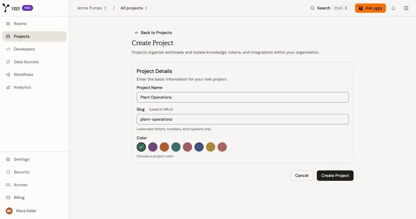 The Create Project form with name, slug, and color.