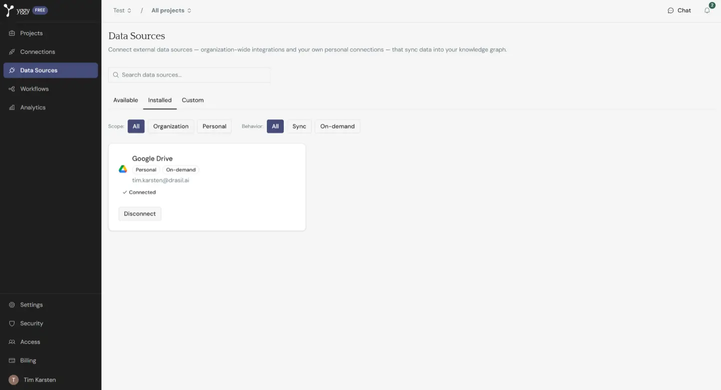 Installed Data Sources, with Disconnect on a connected provider.