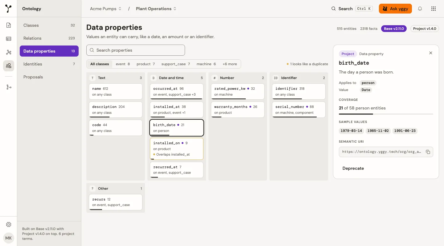 Ontology Data properties in lanes by value type with coverage bars, a duplicate hint and the birth_date details panel open.