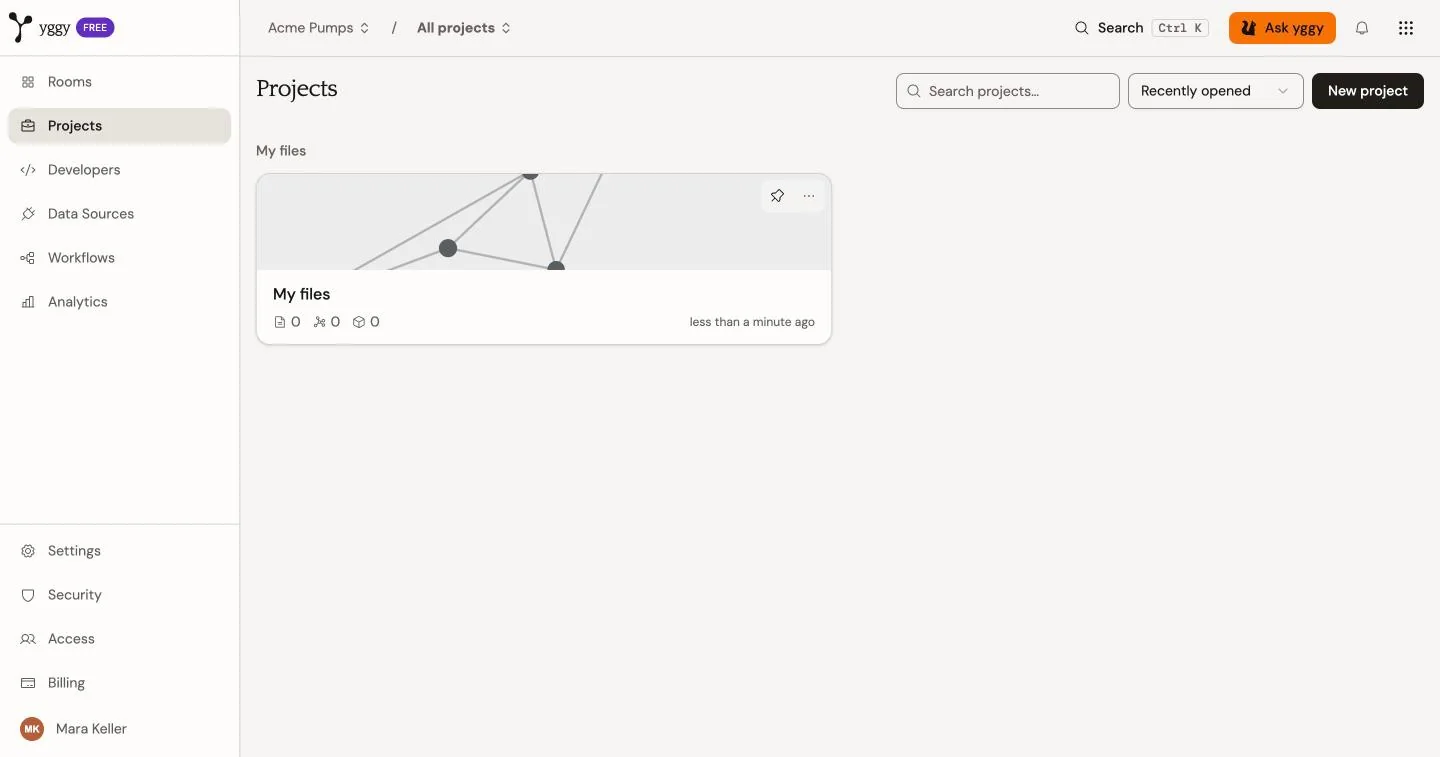 The Projects page with the default project My files. The sidebar lists Rooms, Projects, Developers, Data Sources, Workflows, and Analytics.