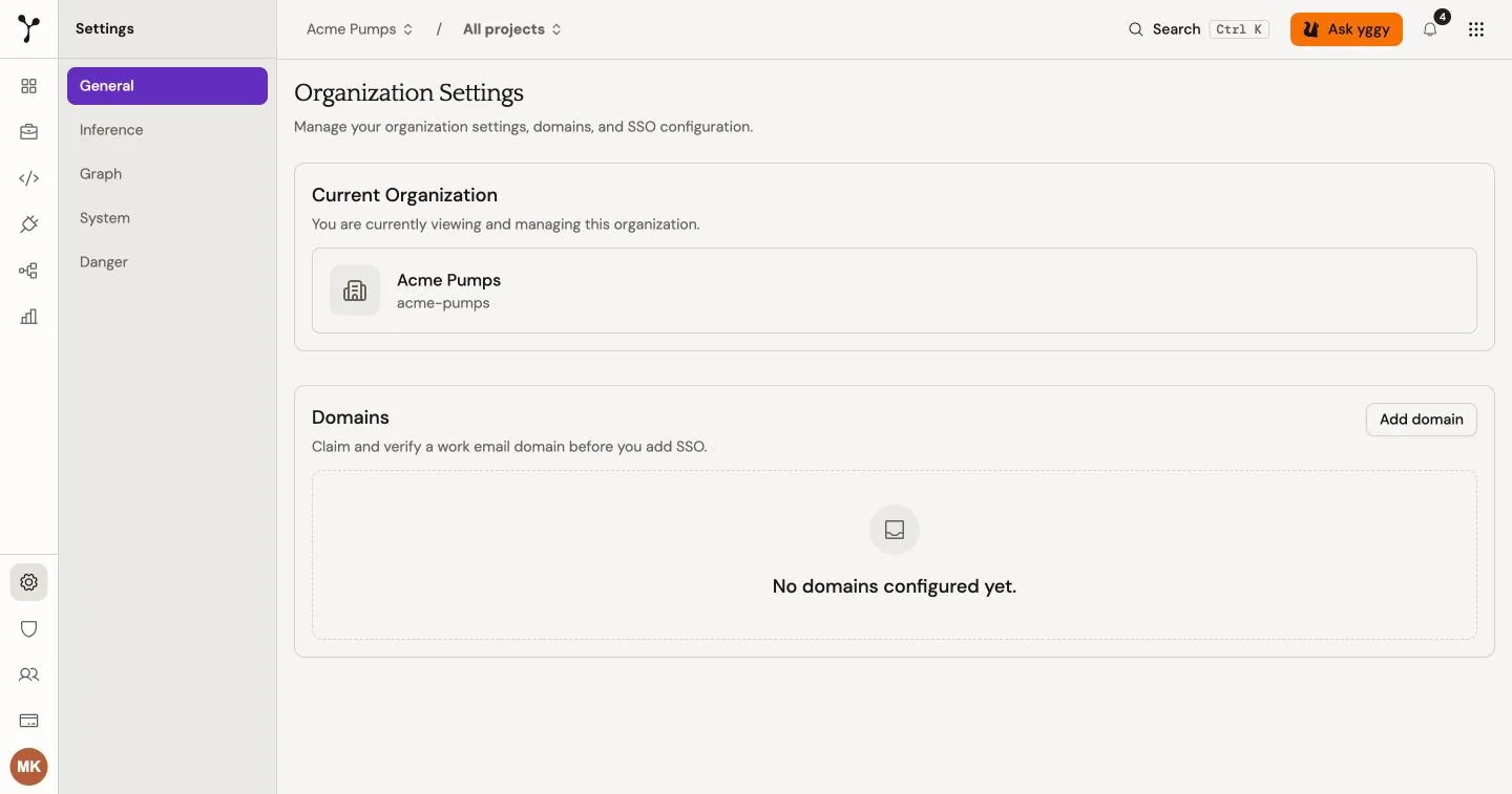 Organization Settings with General, Inference, Graph, System, and Danger.