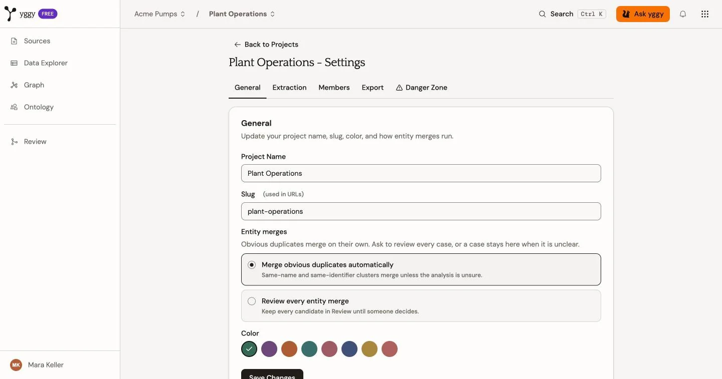 Project settings with General, Extraction, Members, Export, and Danger Zone. General shows name, slug, entity merges, and color.