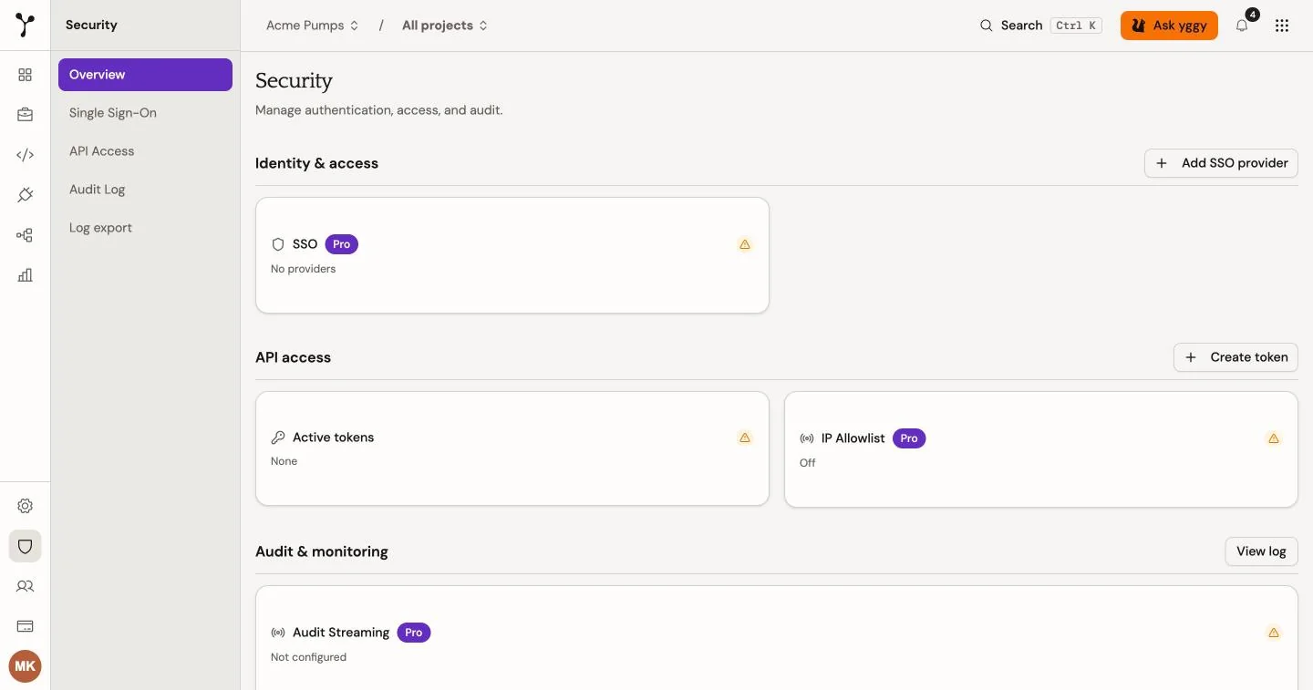 Security overview with Identity & access, API access, and Audit & monitoring. The side menu lists Overview, Single Sign-On, API Access, Audit Log, and Log export.