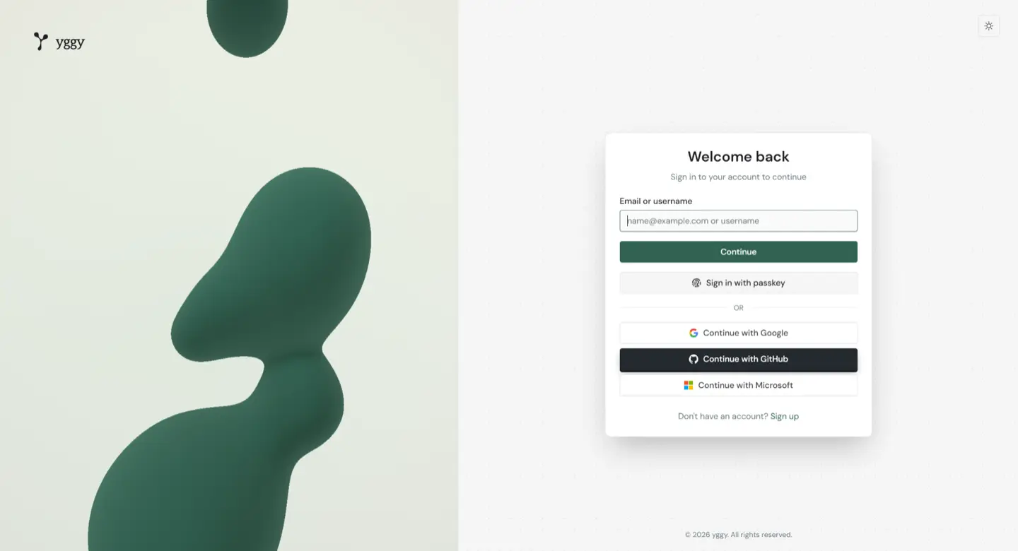 The yggy sign-in page with email or username, passkey, Google, GitHub, and Microsoft.