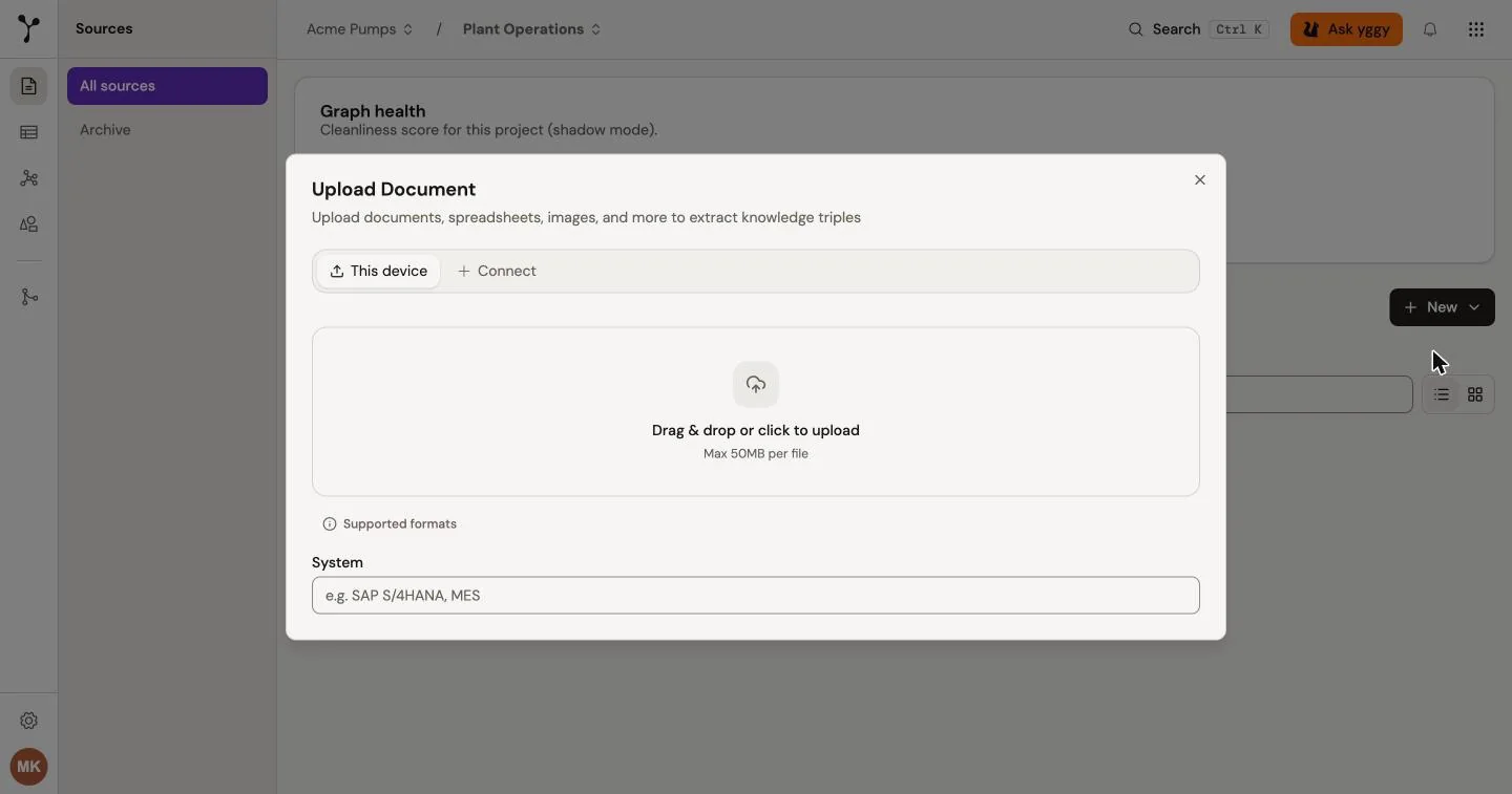 The Upload Document dialog with the This device and Connect tabs, a drop area, and the System field.